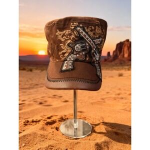 KBETHOS Brown Distress Military Style Cap Rhinestone Embellished Crossed Pistols